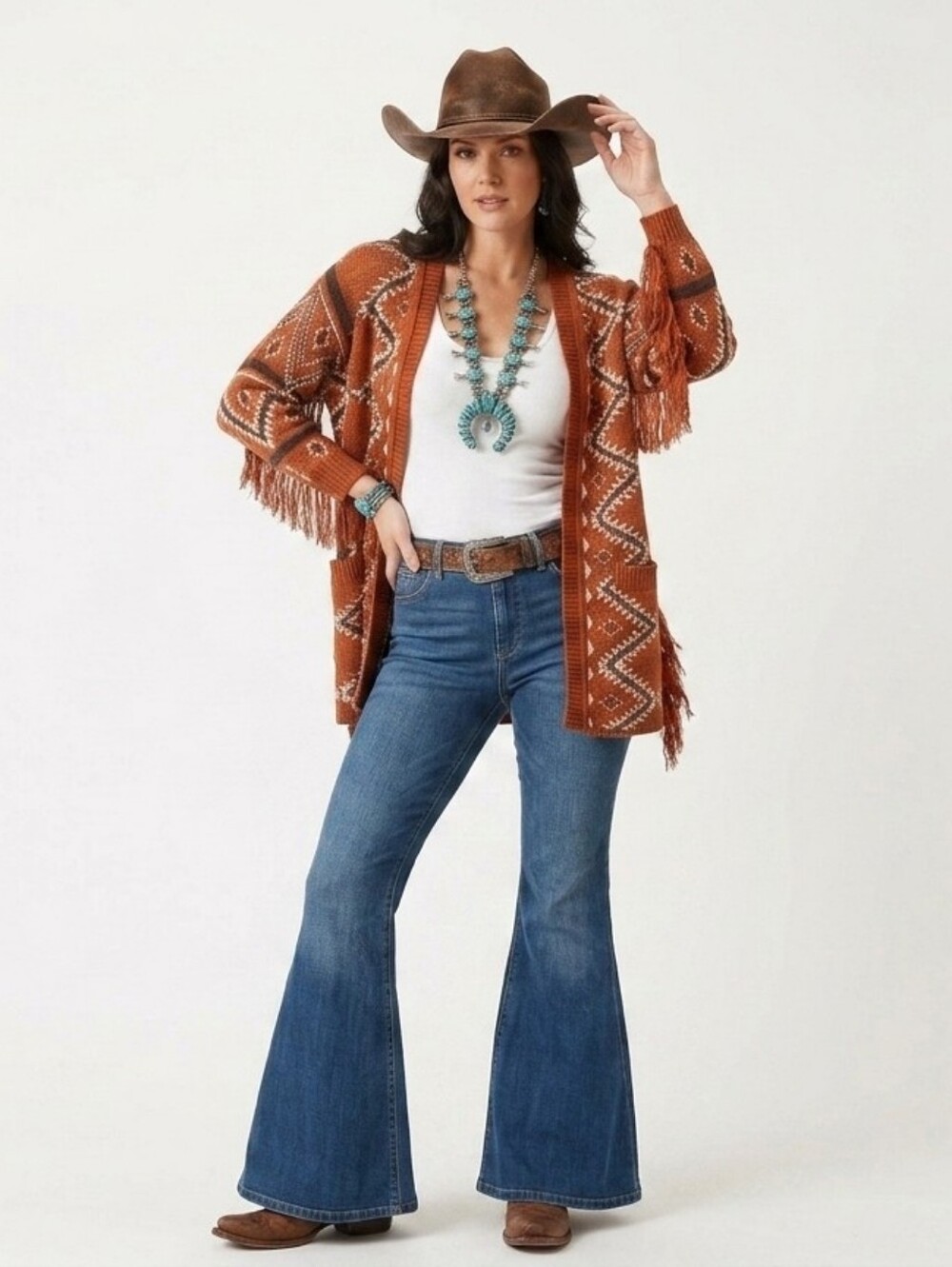 New $80 SHYANNE Southwestern Print Open Front Fringe Cardigan Sweater In Rust S